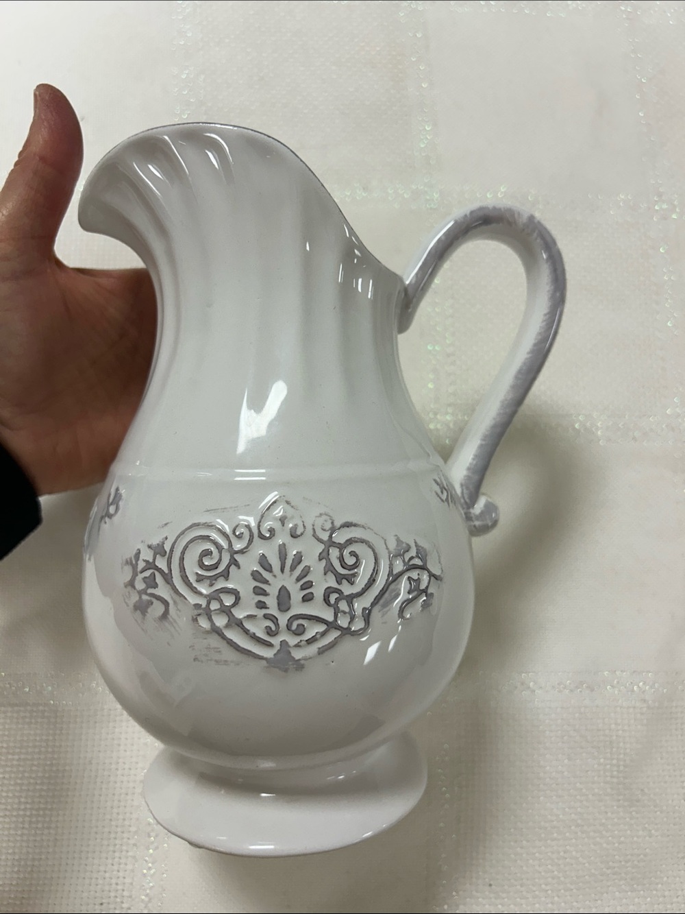 Classic White Ceramic Pitcher with Silver Scroll Accent image 2